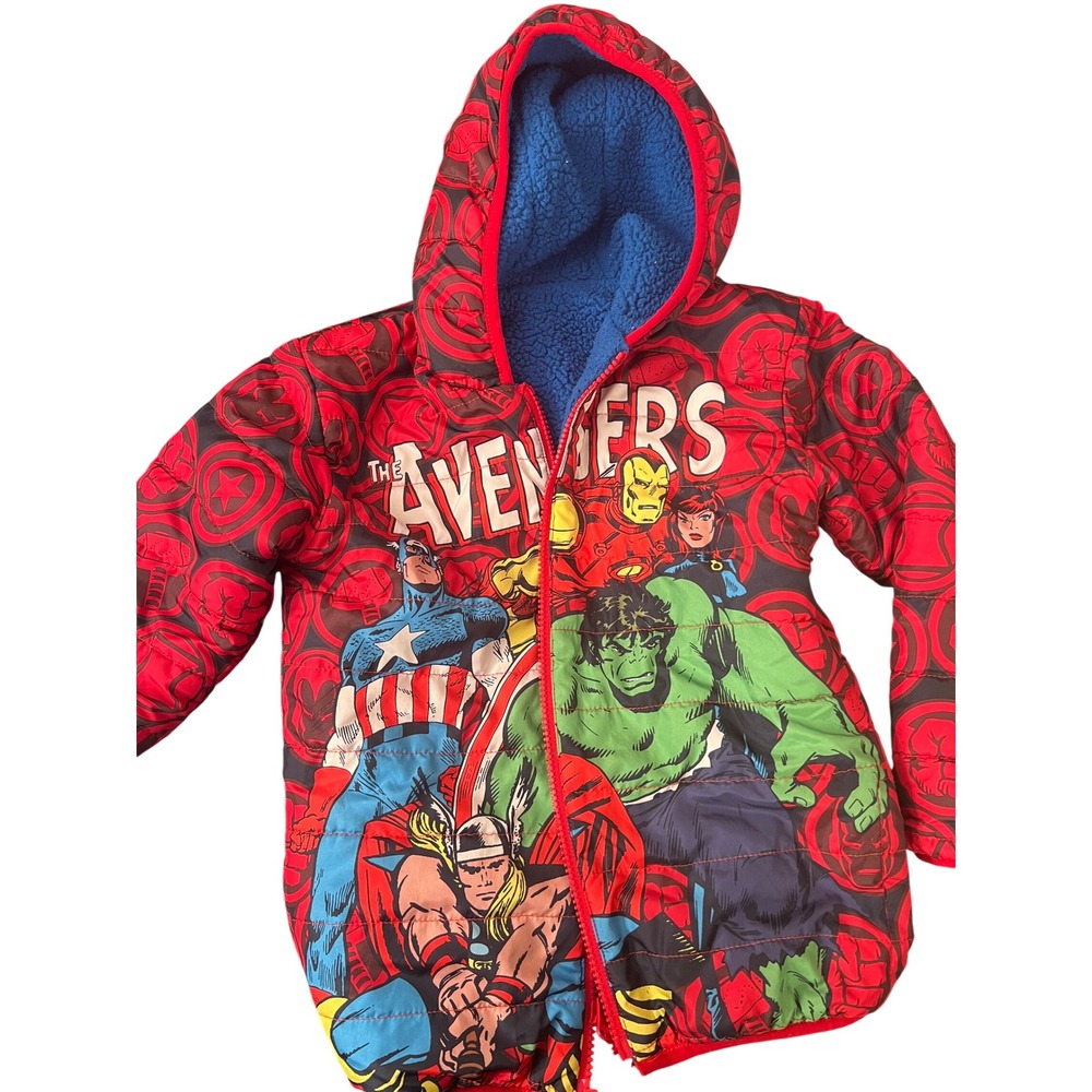 Marvel The Avengers Boys Puffer Jacket Blue Sherpa Lined Red Size 6 Hooded Coat